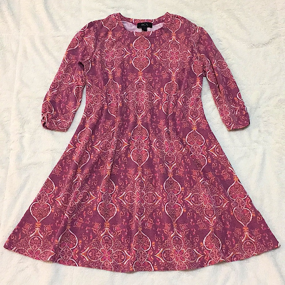 BCX Dress Floral Heart Woven Fabric Crew Kneck Sleeves